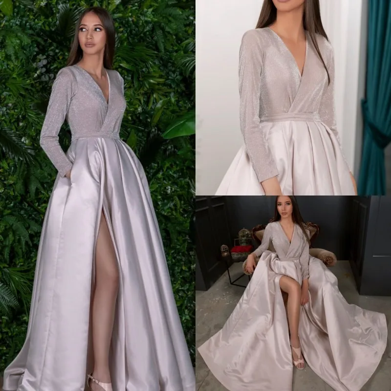 

Fashionable Long Sleeve Prom Dresses Ruched Thigh High Slits Sexy Evening Gowns with Pockets
