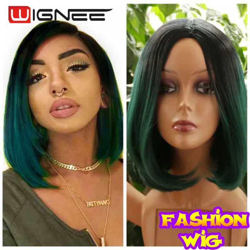 Ombre Green Wignee короткие прямые волосы синтетический боб парики Смешанные фиолетовый/розовый/синий/натуральный черный парик цвета радуги Glueless косплей женские волосы парики - Цвет: Ombre Green