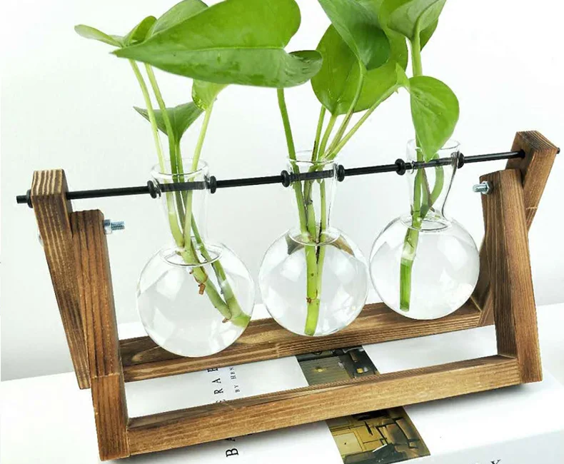 Прозрачная ваза с деревянным каркасом украшение стола стеклянный бонсай