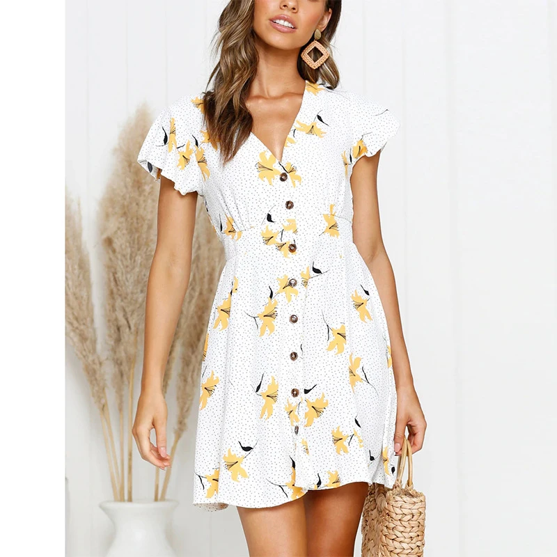 Женское платье рубашка в горошек белое пляжное с коротким рукавом v образным