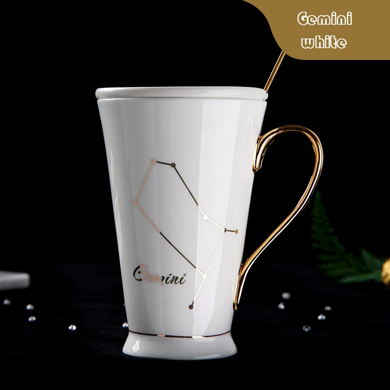 Gemini white Wourmth 12 созвездий кружки белый и золотой костяной фарфор кофе молоко кружка с ложкой из нержавеющей стали Зодиак керамическая чашка - Цвет: Gemini white