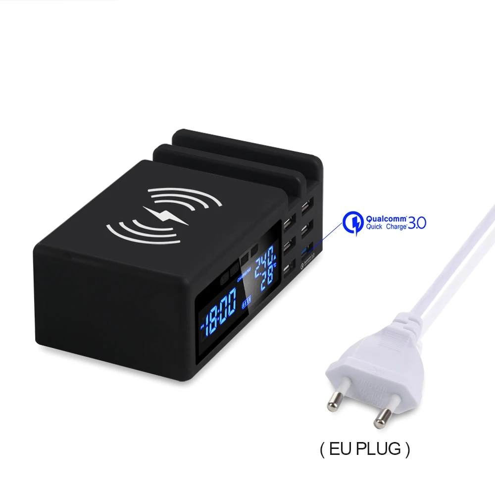 Black EU PLUG SCOMAS 48 Вт 3 в 1 6 портов USB умная розетка мульти домашний дорожный настенный адаптер питания с ЖК QC3.0 Быстрая зарядка+ Беспроводное зарядное устройство - Тип штекера: Black EU PLUG