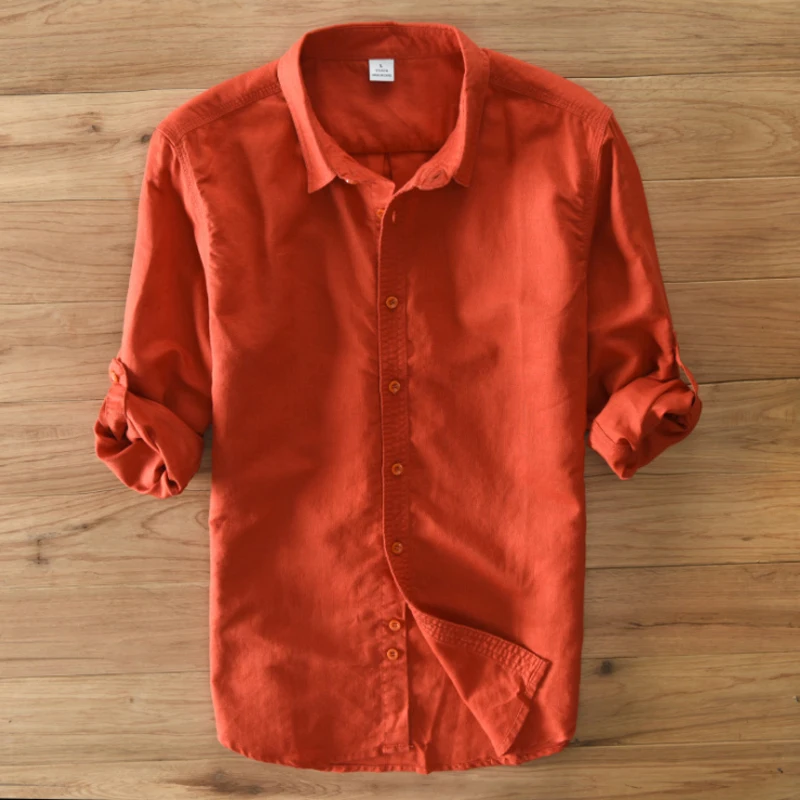 Мужские льняные рубашки с длинным рукавом повседневные однотонные хлопковые