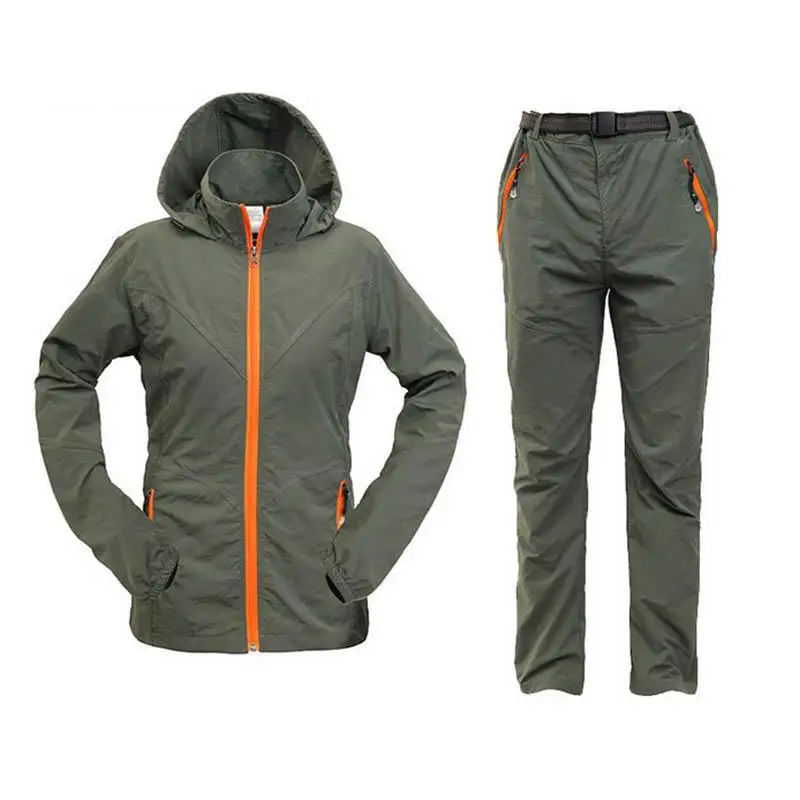 Army green set Летняя и осенняя одежда для спорта на открытом воздухе, походов, кемпинга, рыбалки, велосипедная куртка, штаны, женская одежда для охоты, Быстросохнущий солнцезащитный костюм - Цвет: Army green set