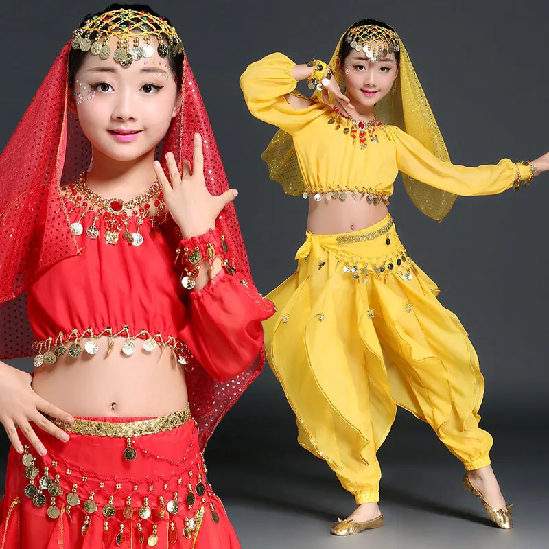 Детский индийский костюм для танца живота комплект из 5 предметов (Топ пояс брюки