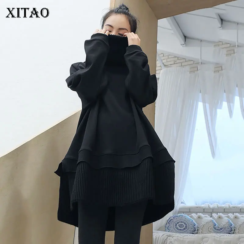 [XITAO] 2019 Весенняя Лоскутная Женская модная Толстовка Платье-водолазка с длинными