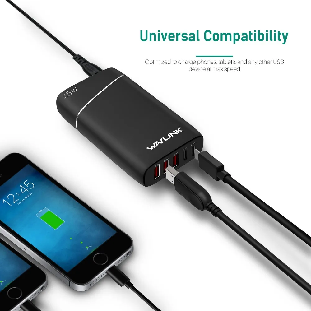 WAVLINK 5 портов 45 Вт/9A Смарт usb зарядная станция для путешествий/настенное зарядное устройство quick charge 3,0 USB Настольный зарядный адаптер для телефона