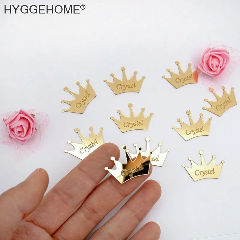 50pcs Personalized Mirror Crown Wedding Tags Table Center Decoration Card Acrylic Name Sign Stickers Party Favors Laser Cut Gift