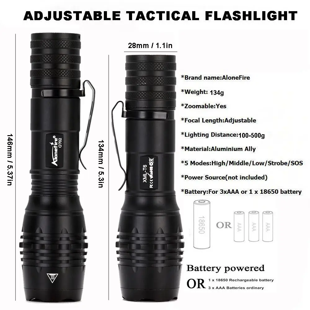 Светодиодный тактический фонарь AloneFire G702 с зумом CREE xml T6 5000 люмен светильник
