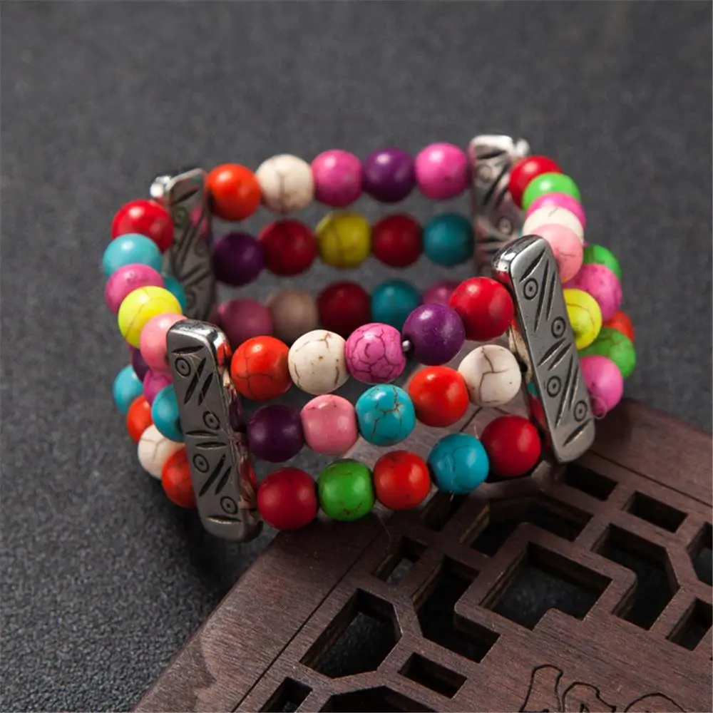 AMOURJOUX Boho 3 слоя бусины из натурального камня красочный женский браслет этническая