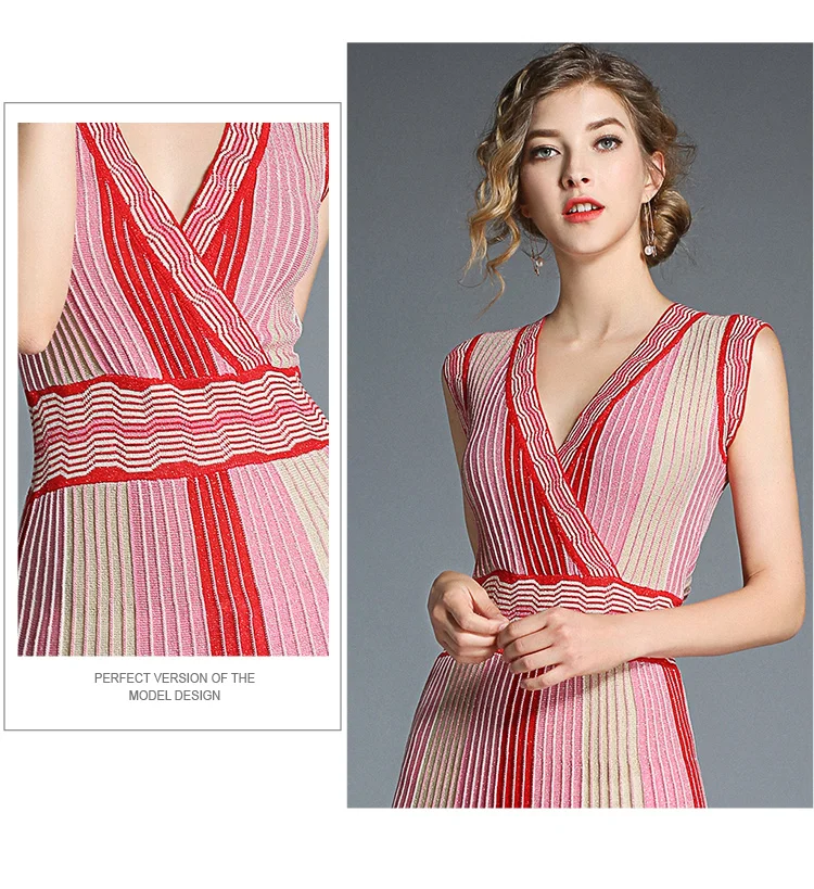 Женское трикотажное облегающее платье модельное в полоску без рукавов с V
