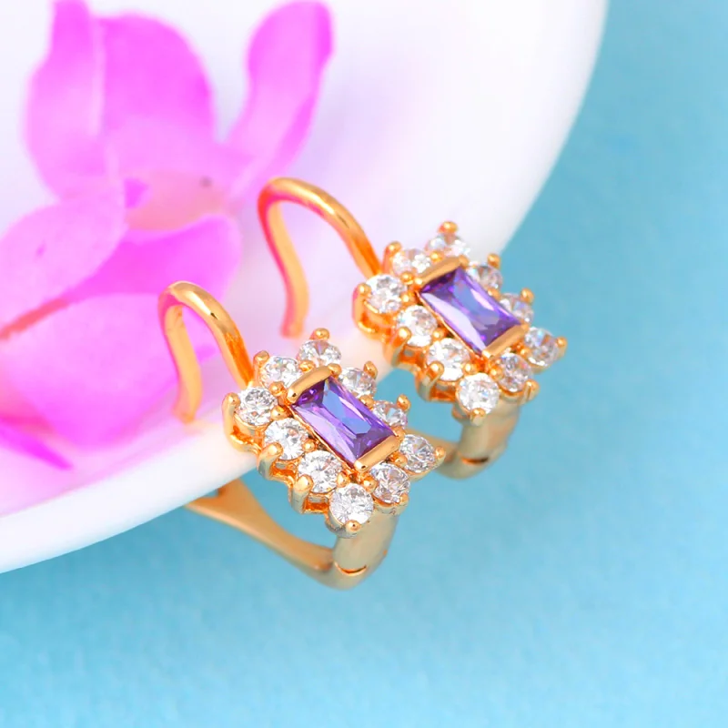 Серьги-клипсы с фиолетовым кристаллом золотого цвета для женщин модные
