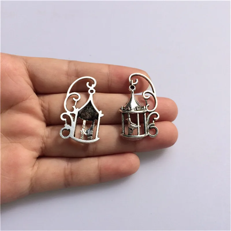 Серебряный сплав античный бронзовая клетка для птиц дом Подвески Металл птица