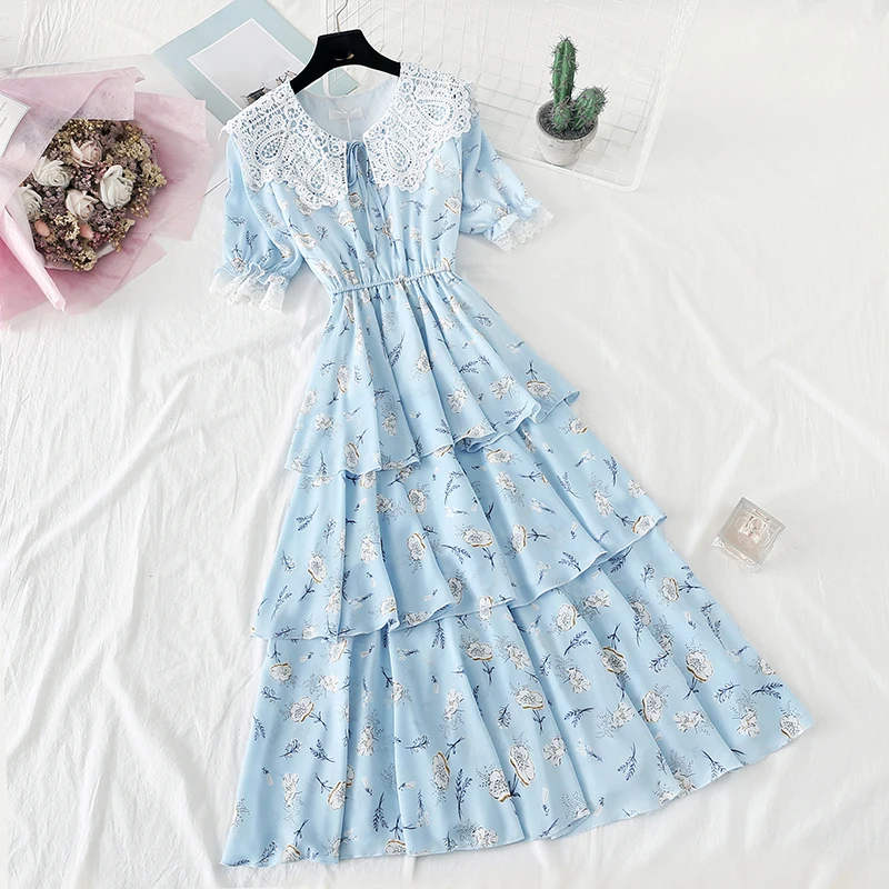 Женское шифоновое платье в горошек летнее милое Цветочное японском стиле Лолиты