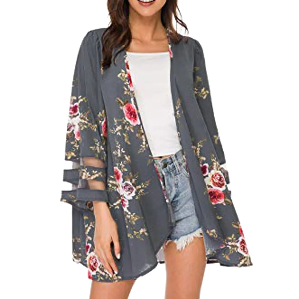 Блузка женская сетчатая панель 3/4 рукав колокол цветочный шифон Плюс Размер Топы