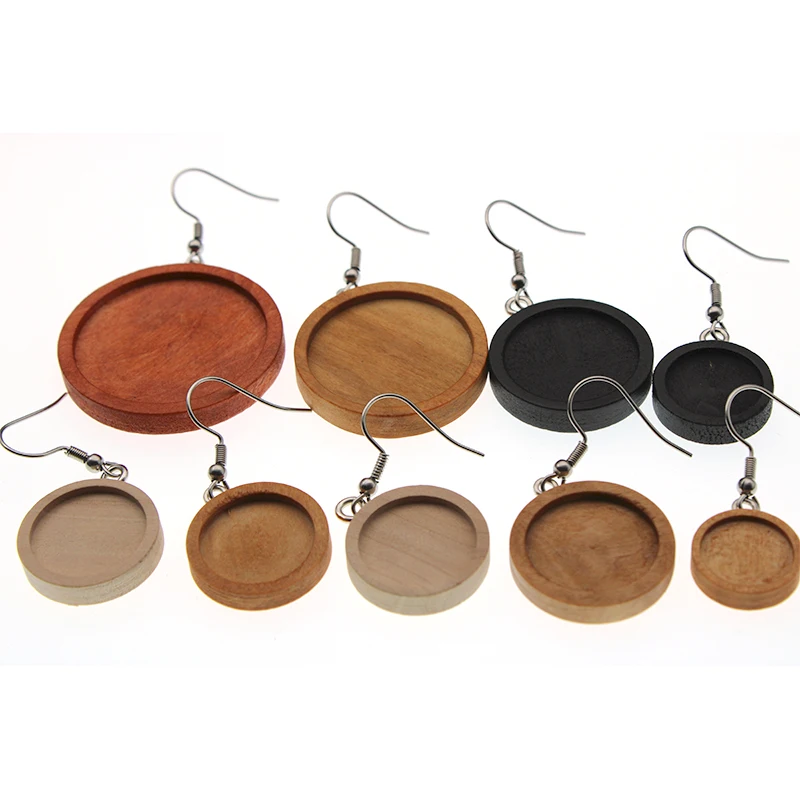 10pcs 12 14 16 18 20 25 30 mm Blank Wood Cabochon Earrings Base Settings Stainless Steel Earring Hooks for DIY Jewelry Making