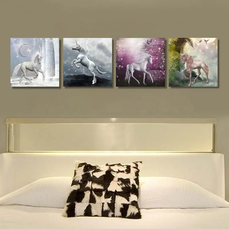 4 Панельный современный холст Нордическая картина модульного печатающего изображения единорога HD Печать набор для декорации дома спальни гостиная декорация.