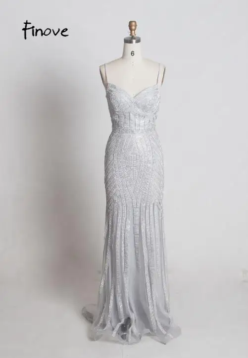 Gray and Silver Finove/Вечерние платья цвета шампанского, элегантные сексуальные вечерние платья без рукавов с v-образным вырезом, украшенные кристаллами и бисером, длинные платья для выпускного вечера для женщин - Цвет: Gray and Silver