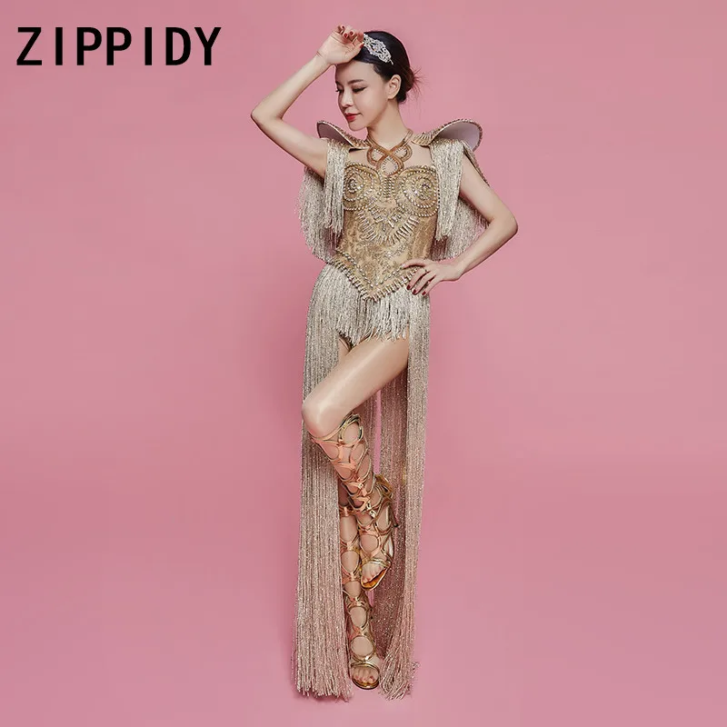 Sparkly Gold Rhinestones Long Tassel Bodysuit Headdress DJ Female Singer Nightclub Bar Team Show Outfit Birthday Party Clothing