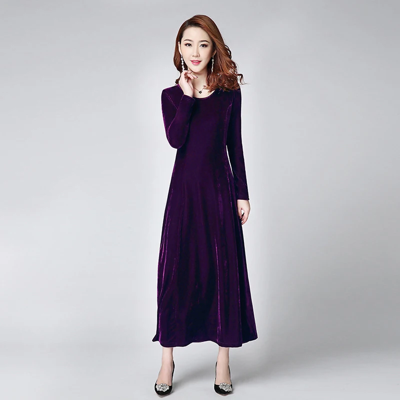 Женское вельветовое платье с круглым вырезом повседневное длинное винтажное