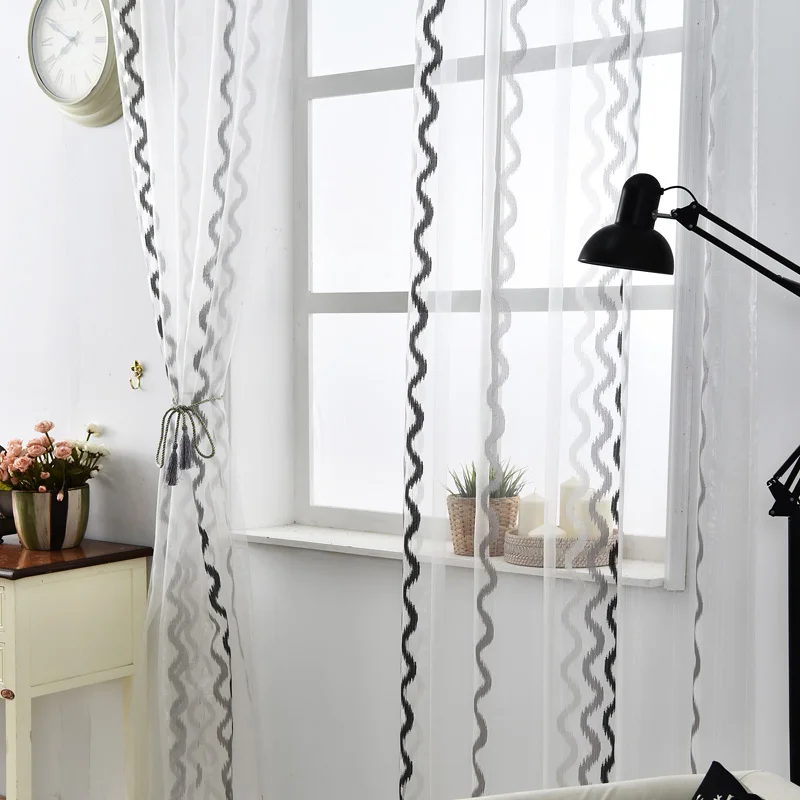 NAPEARL Stirped tulle curtains modern window treatments white sheer fabrics ready made jacquard kitchen door balcony | Дом и сад