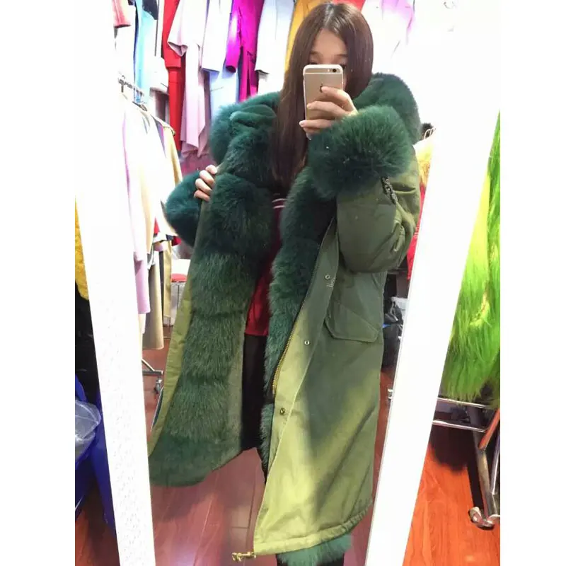 Army Green jacket Dark green fox fur hood &amp cuff with high quality lining faux coat | Женская одежда