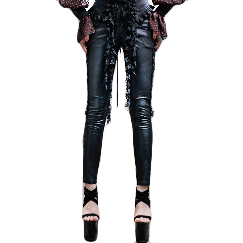 Punk Gothic Black Jacquard Leather Stretch Lace Pants Women's Wimter Hollow Out Long Trousers Rose Pattern Pantalones Mujer