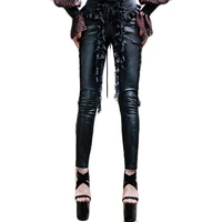 punk gothic black jacquard leather stretch lace pants womens wimter hollow out long trousers rose pattern pantalones mujer