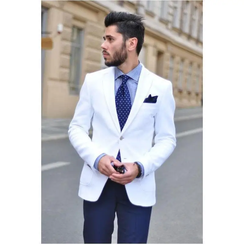 

White Jacket Navy Pants Men Casual Suit Groom Summer Wedding Tuxedo Cotton Blend C25