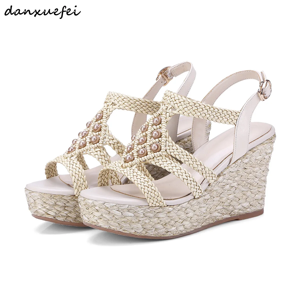 

Women's Hemp weaving wedge platform sandals open toe summer high heel sandalias high quality beading bohemia style shoes on sale