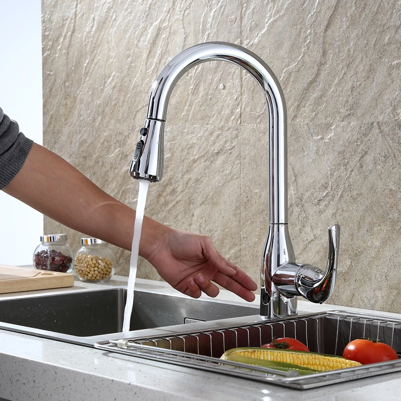 Smart Home Kitchen Sink Dual Mode Sensor Touchless Faucets with Pull Down Sprayer Brushed Nickel One Handle High Arc Pullout