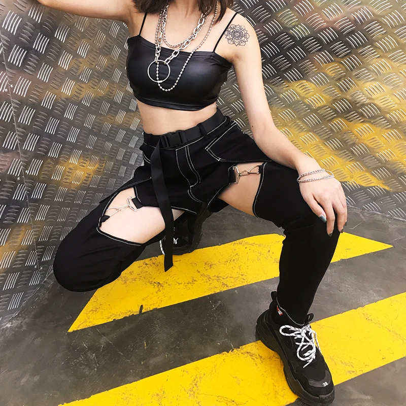 SUCHCUTE Harajuku брюки с высокой талией Женские повседневные шаровары капри Лоскутные цепи черные брюки с выемкой сексуальные спортивные штаны
