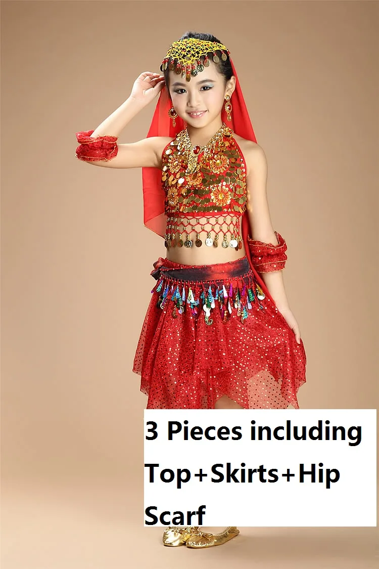 red3pcs Кружевные детские танцевальные костюмы для девочек, восточные костюмы для танца живота, профессиональные Сексуальные Восточные платья для детей - Цвет: red3pcs
