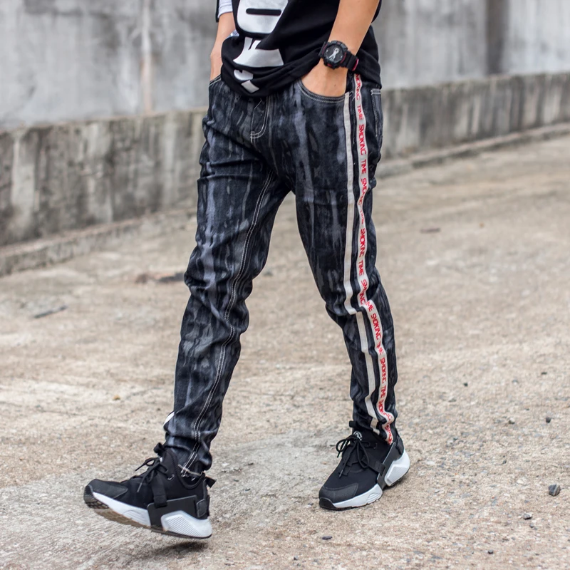 Новое поступление мужские джинсы лоскутные модные черные ковбойские брюки