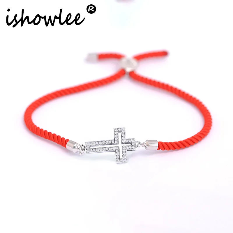 Ishowle, розовое золото, 585, крест, амулеты, браслеты, цирконий, проложенный, установка, Красная Нить, счастливые браслеты с амулетами для женщин, ювелирные изделия, sla39 - Окраска металла: Silver(Red Rope)