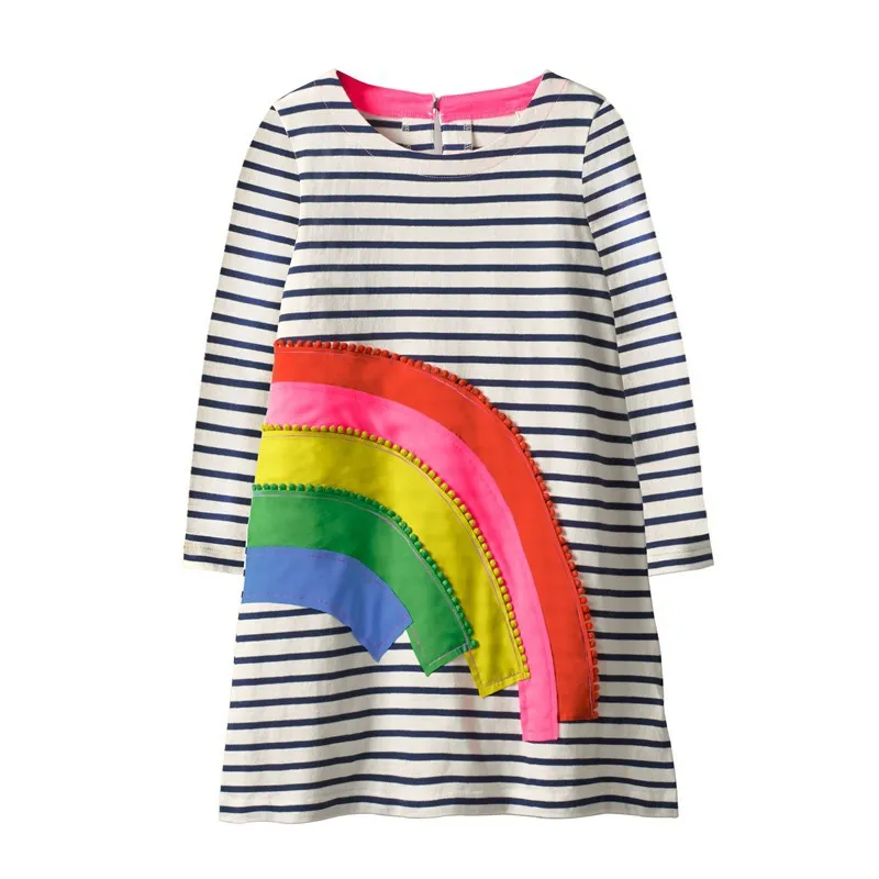 

Платье для девочек с аппликацией; Платья для маленьких девочек с длинными рукавами; Радужное детское платье; Одежда в полоску; Хлопковые осе...