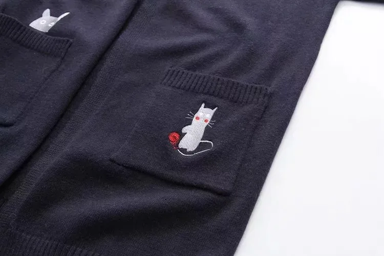Cartoon Cat Embroidery On Pockets Long Sleeve Cardigans Casual Women Knitting Outwear 2018 Spring Autumn Knitwear |