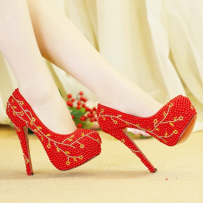 Luxury new arrival wedding shoes round toe handmade bridal red pearl party 8cm/11cm/14cm heel big size | Обувь