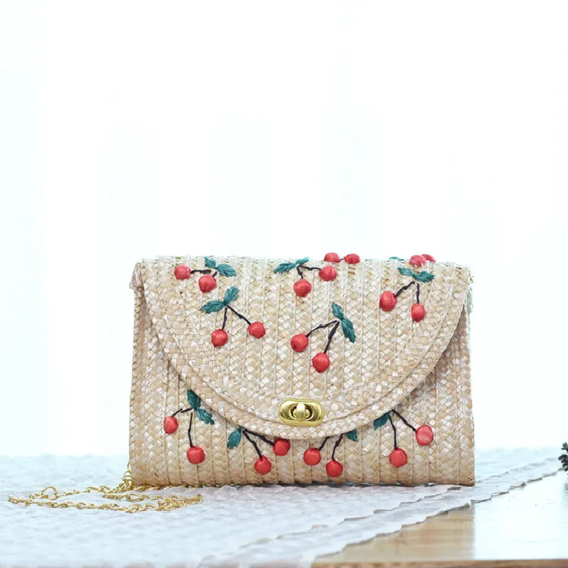 Handmade Natural Straw Weave Cherry Embroidery Totes Quality Vacation Woman Bag Hawaii Holiday Style Lady Lovely Flower Handbag | Багаж и