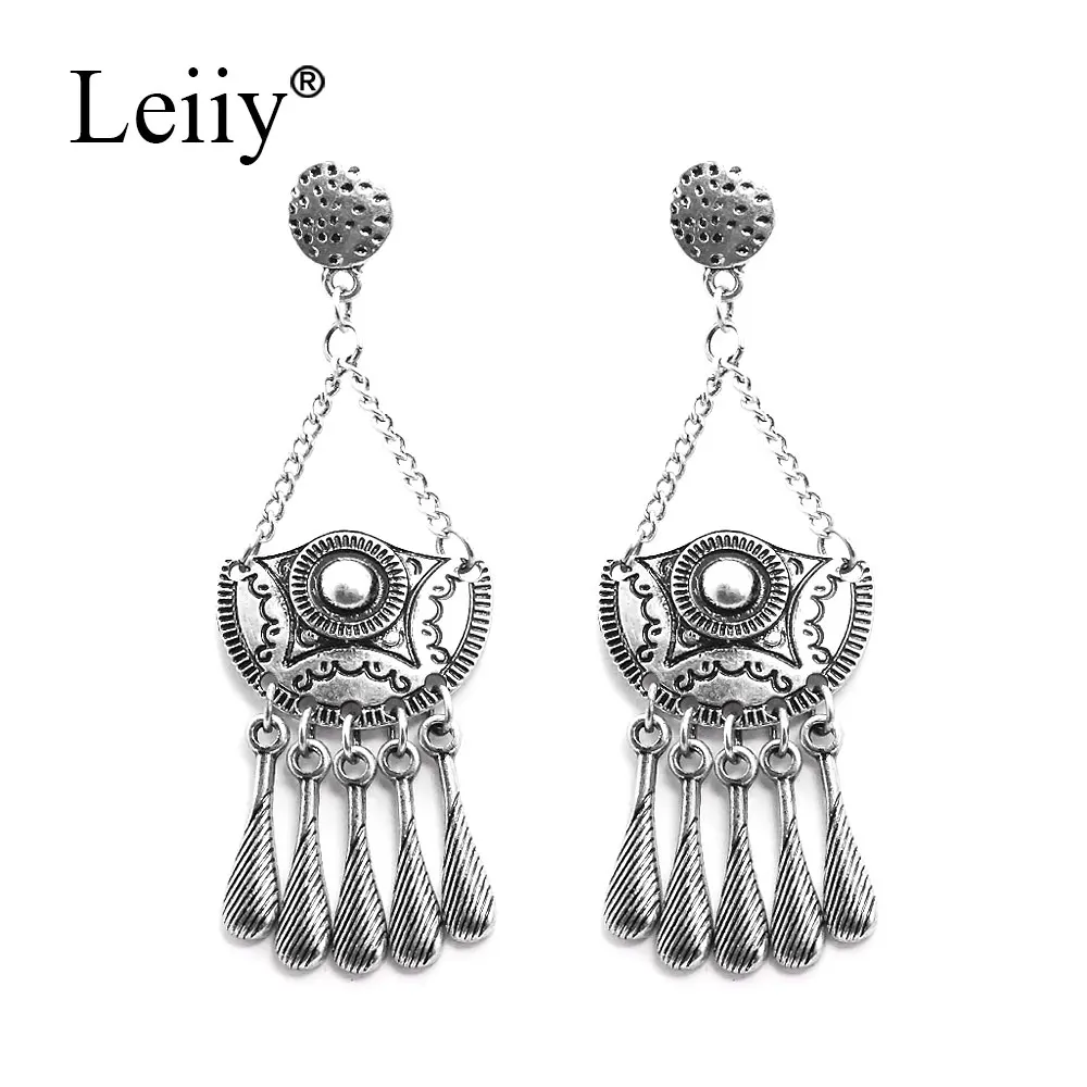 Leiiy Boho старинное серебро резные геометрическая серьги для Для женщин с цепочкой