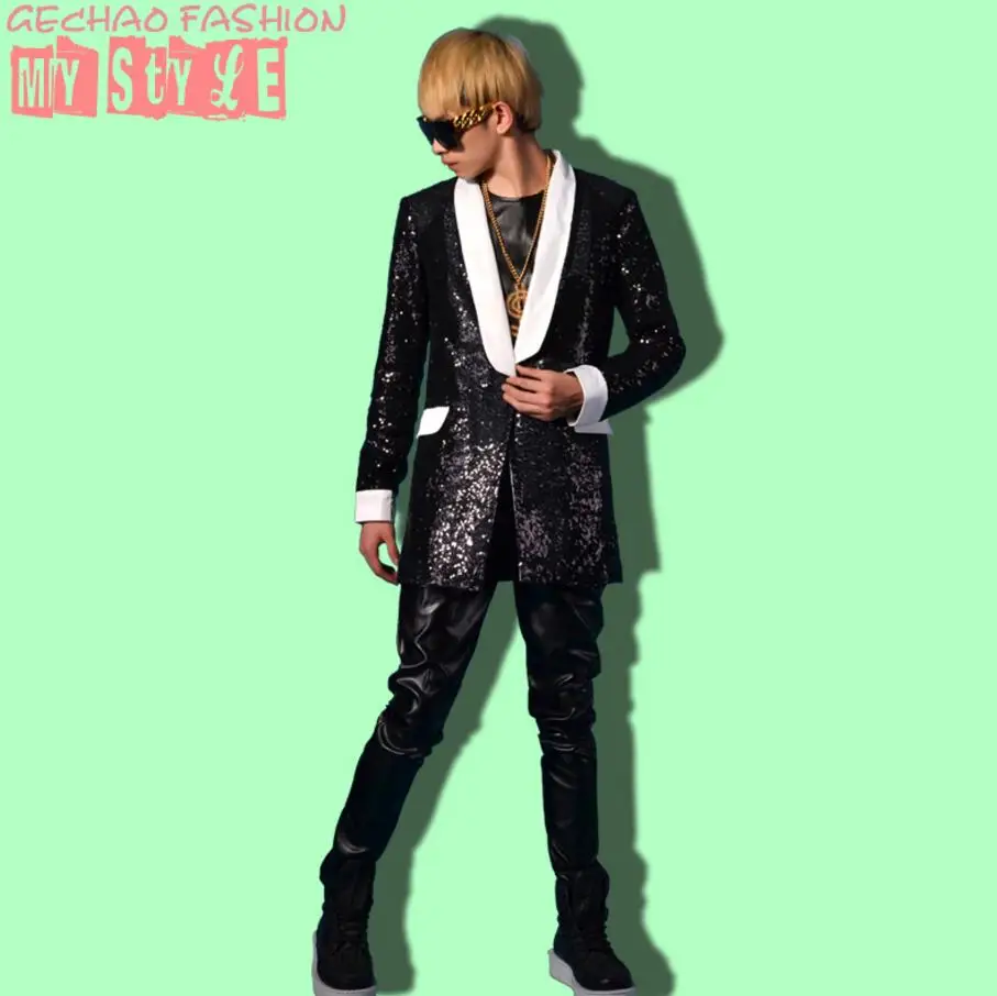 

Europe And The United States Large Size Black Sequins Suits Dj Hip-hop Rock Men Singer Nightclub Stage Performance Costumess-5xl