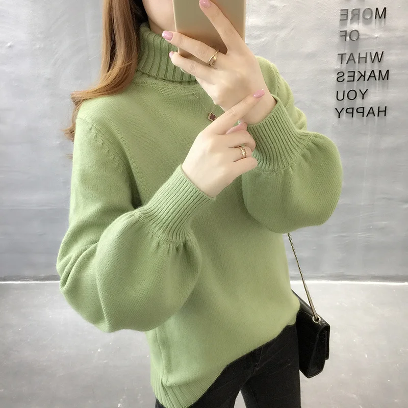 PEONFLY Turtleneck Blue Green Winter Sweater Women Knit Lantern Sleeve Female Loose Oversize Pullover Knitted Jumper | Женская одежда