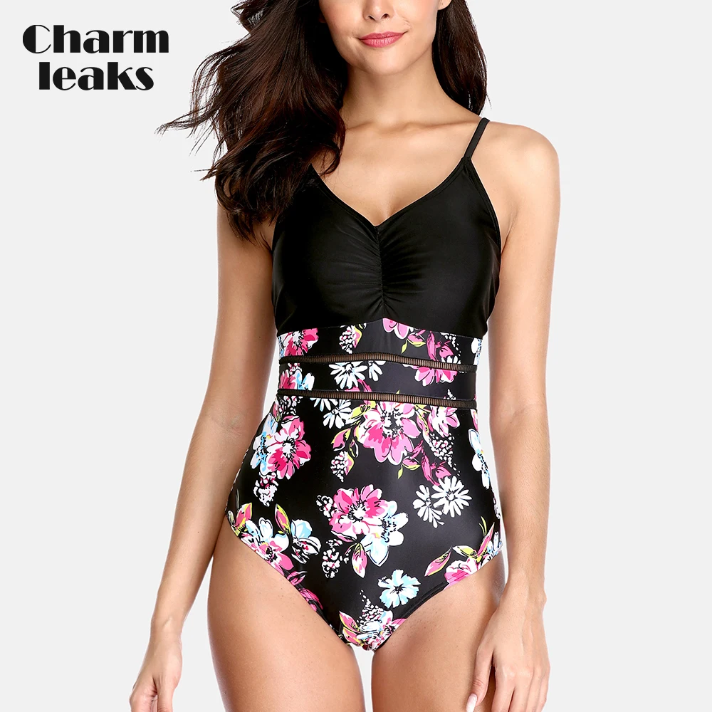 

Charmleaks Womens One Piece Hollow out Swimwear Vintage Floral Print Swimsuit Bandaged Bathing Suit Sexy Monokini