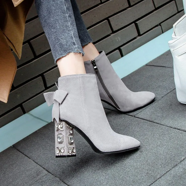Роскошные замшевые ботильоны для женщин Стразы с квадратным носком на высоком