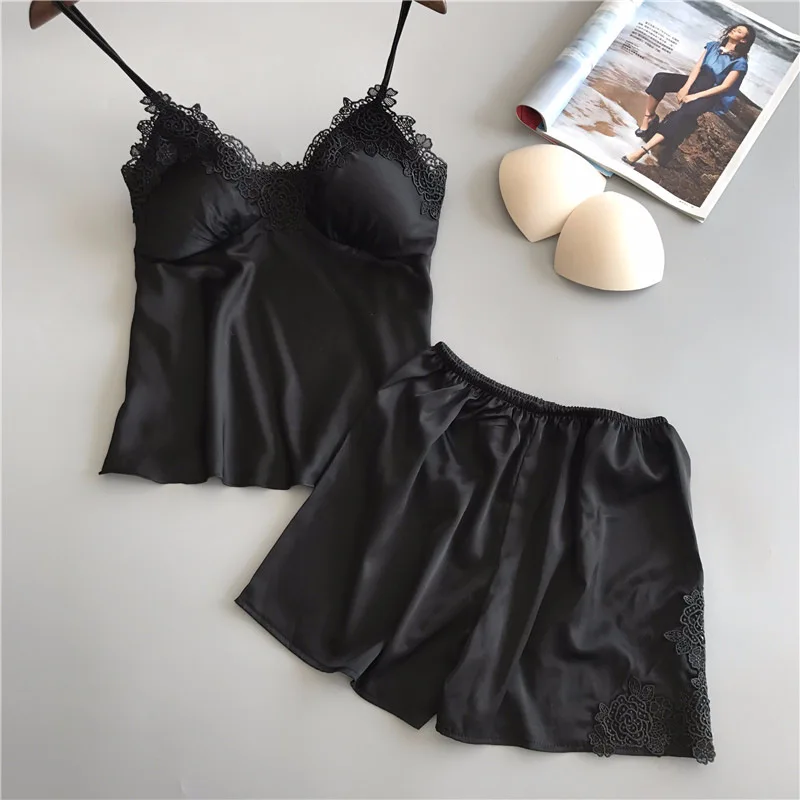 

Black Sleep Lounge Pajama Set Sexy Satin Sleepwear Women Summer Pyjama Femme Fashion Solid Pajamas for Women with Chest Pad 938