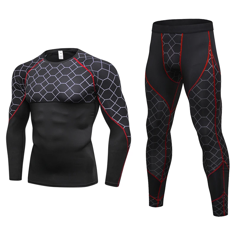 2018 New Arrival 2PCS Men Compression Running Sets Tracksuit Men's Grid Quick Dry Gym Fitness Sport Shirts And Pants Sportswear | Спорт и