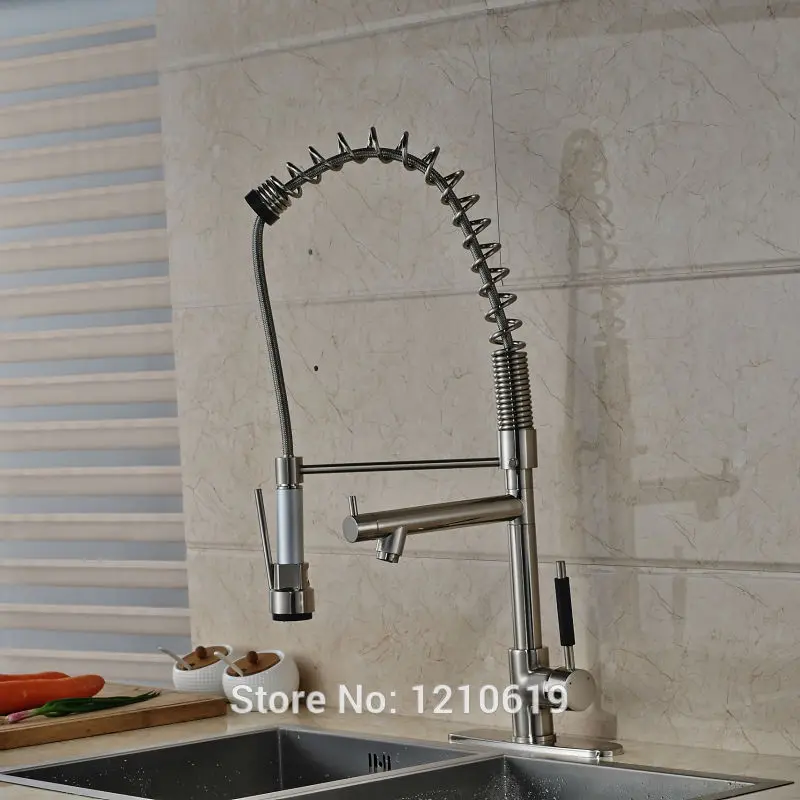 Никелевый матовый кухонный пружинный кран с креплением на палубе вытяжной носик