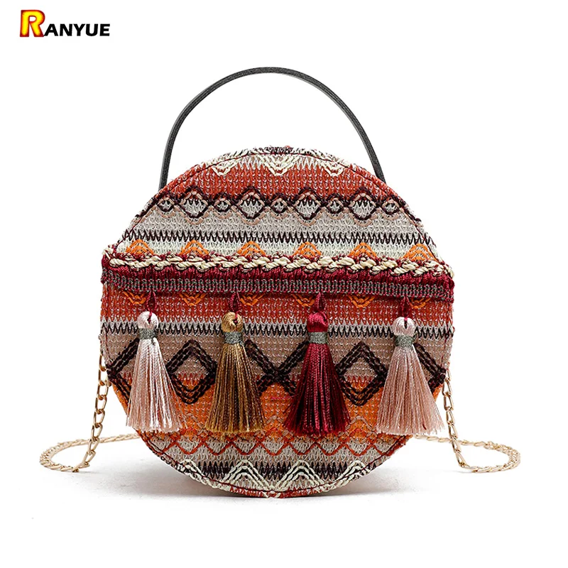Маленькие круглые богемные сумки для женщин Сумка с цепочкой и кисточками