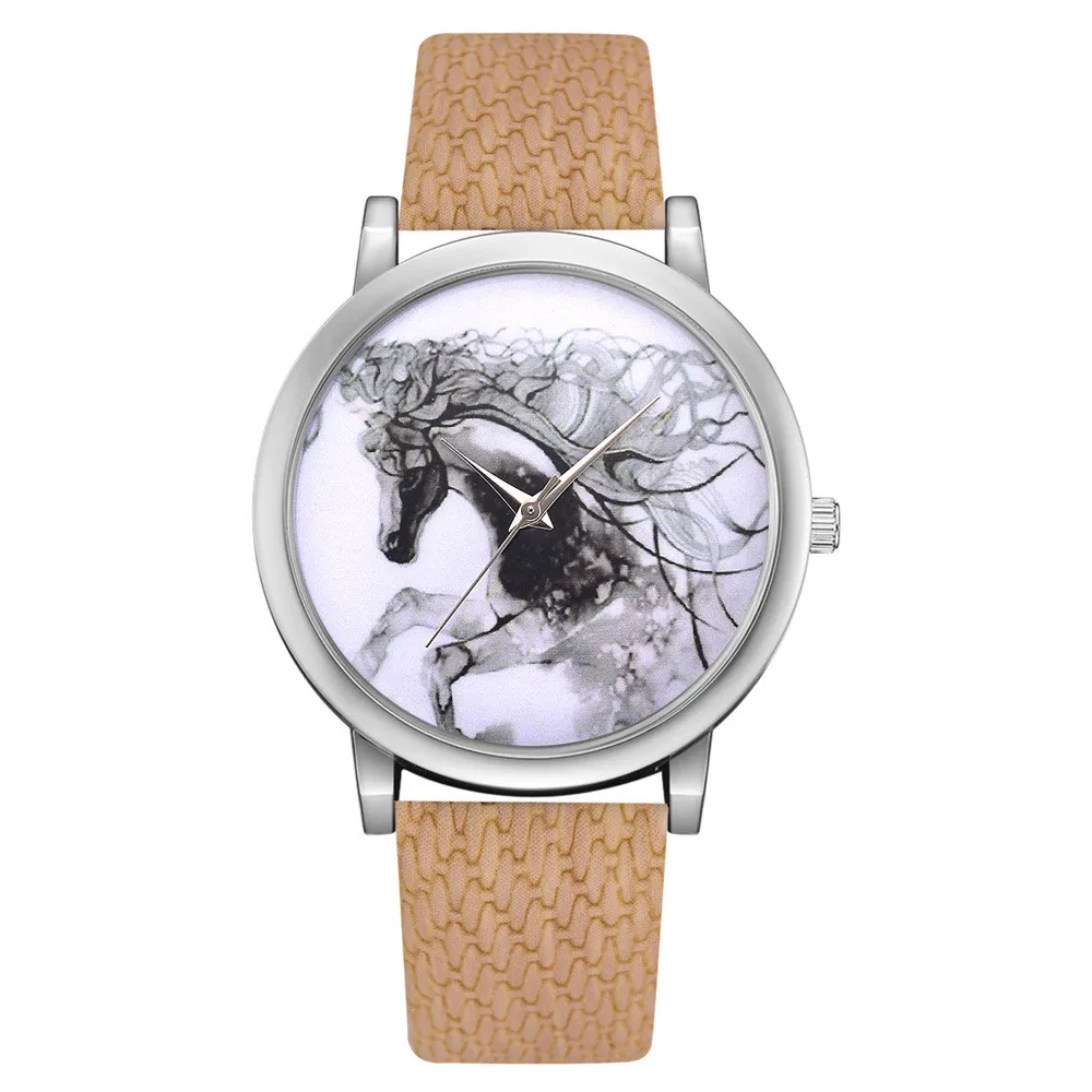 Винтажные женские серебряные часы Montre Femme Reloj Mujer женские часы с ремешком из искусственной кожи с рисунком лошади кварцевые круглые наручные часы - Цвет: Coffee