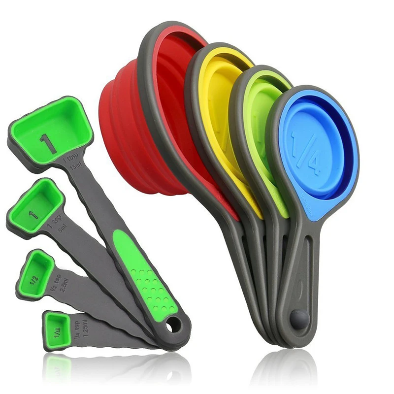 8pcs set green 4/8 шт. силиконовая складная мерные ложки набор для выпекания хлебобулочных изделий муки мерные чашки Кофе Чай ложки для сахара дома Кухня Пособия по кулинарии инструменты - Цвет: 8pcs set green